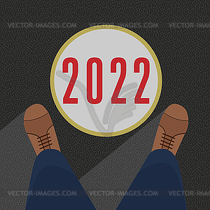Feet in pants and shoes near circle with number - vector image