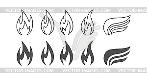 Набор иконок силуэт и контур огня. изображение - рисунок в векторе