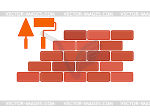 Brickwork with trowel and roller. Flat icon - vector image