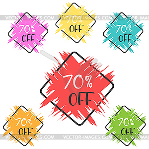 Set of colored grunge stickers with 70 percent - vector clip art