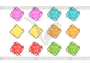 Set of colored grunge stickers with 50 and 55 - vector image