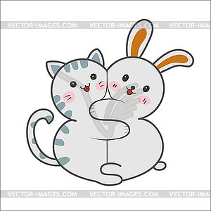 Kitty and bunny hug. children`s funny picture for - vector clipart