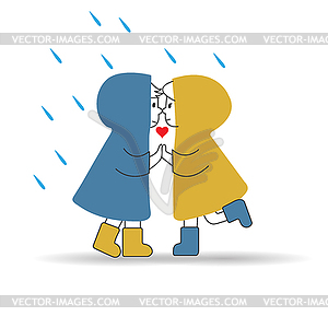 Boy and girl in raincoats are kissing in rain - vector image