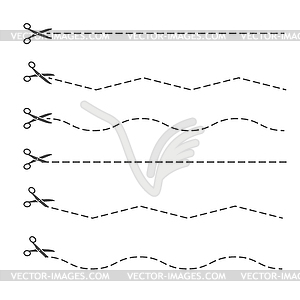 Set of contours for cutting lines with scissors. - white & black vector clipart