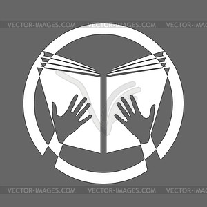 Icon of an open book. Hands holding an open book - vector clipart