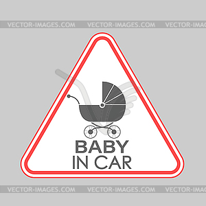 BABY IN CAR. triangular sign with baby stroller - vector clip art