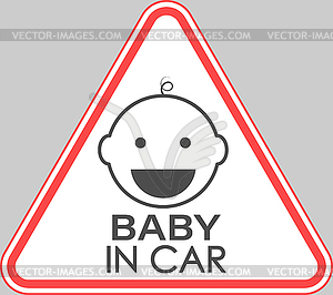 BABY IN CAR. triangular sign with child`s face - color vector clipart