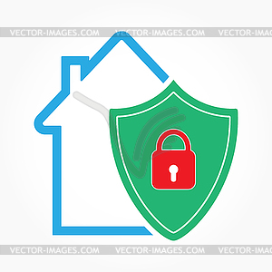 House icon and shield with closed lock - vector clipart
