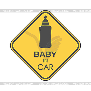 BABY IN CAR. square sign with baby feeding bottle - vector clip art