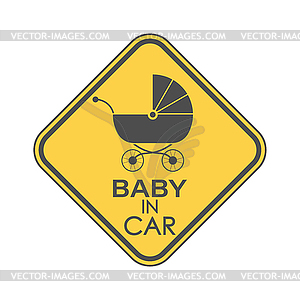 BABY IN CAR. square sign with baby stroller and an - vector image