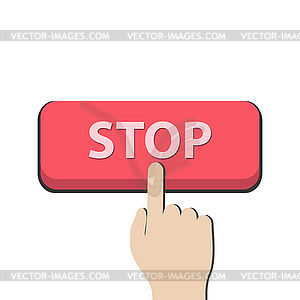 Hand presses button labeled STOP - vector image