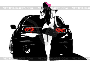 Girl in cap near black car - color vector clipart