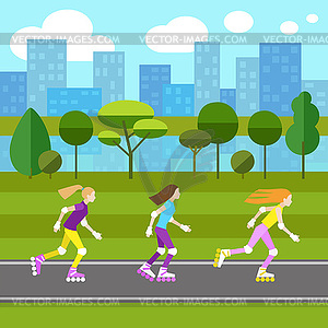 Three girls rollerblading - vector image