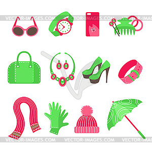 Women`s accessories icons set - color vector clipart