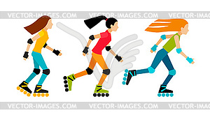 Three girls roller-skating - vector image