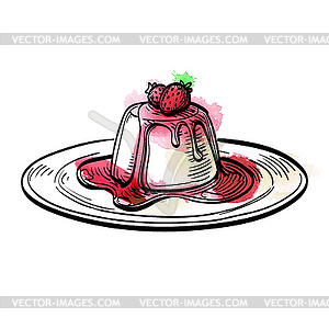 Panna cotta with strawberry - vector clipart