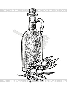 Bottle of olive oil and olive branch - vector clipart