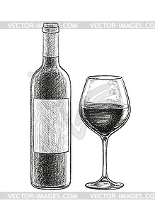 Red wine. bottle and glass - vector clipart