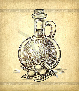 Bottle of olive oil and olive branch - vector clip art