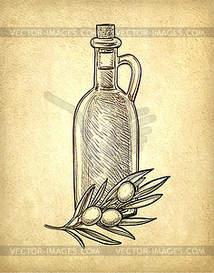 Bottle of olive oil and olive branch - vector clipart / vector image