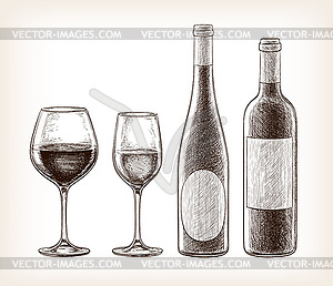 Wine bottles and glasses - vector clip art