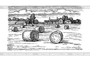Field with haystacks - vector image