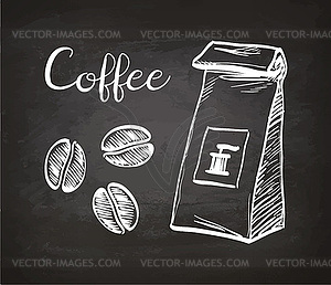 Package and coffee beans - vector image