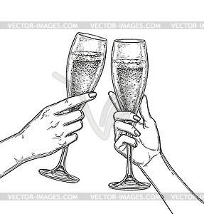 Две руки звонкие бокалы шампанского - векторный клипарт EPS