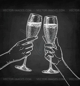 Two hands clinking glasses of champagne - vector clipart