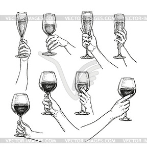 Set of hands with wine glasses - vector clip art