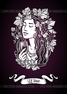 Женщина с виноградом и вином - клипарт в векторном виде