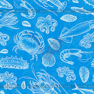 Seamless pattern with seafood and fish - vector image