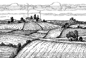 Ink sketch rural landscape - vector image