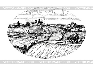 Ink sketch rural landscape - vector clipart