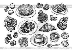 Большой набор французских десертов и выпечки - изображение в векторе
