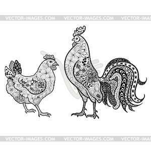 Cock and chicken doodle - vector image