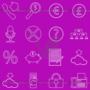 Set of contour business icons on purple background - vector clipart