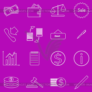 Set of contour business icons on purple background - color vector clipart