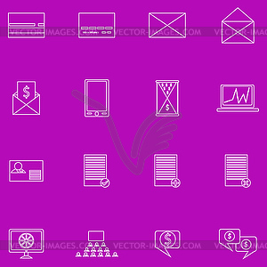 Set of contour business icons on purple background - vector clipart