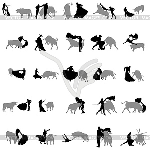 Bullfighting silhouettes in gray and black - vector image