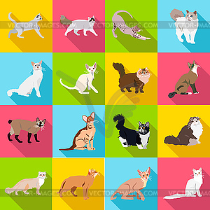 Set cats of different breeds with long shadow - vector clip art