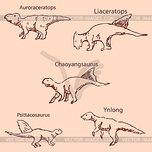 Dinosaurs with names. Pencil sketch by hand - vector image