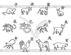 12 животных китайского зодиакального календаря. символы Не - иллюстрация в векторном формате