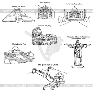 Современные семь чудес света. Набросок карандашом. - клипарт в векторе / векторное изображение