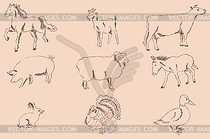 Pets Farm. Pencil sketch by hand. Vintage colors - vector clipart