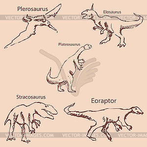 Dinosaurs with names. Pencil sketch by hand - vector image