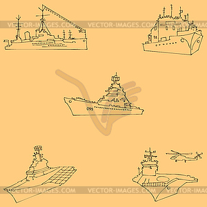Warships. Sketch by hand. Pencil drawing by hand. - vector image