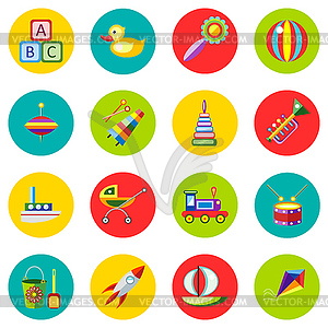 Icons of toys in flat style. image on round - vector clipart