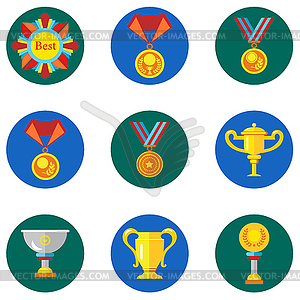 Icons cups, awards, medals in flat style. image on - color vector clipart