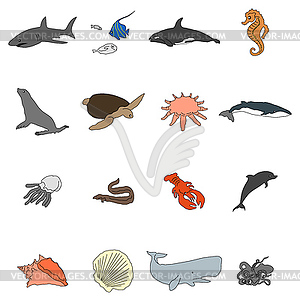 Icons of sea inhabitants in flat style with black - vector clipart